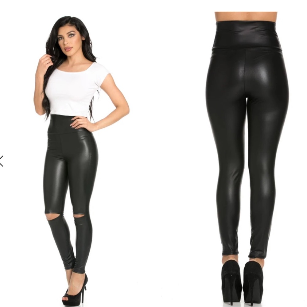 ✨JUST IN✨BLACK FAUX LEATHER KNEE CUT OUT SLICK LEGGINGS - Picture 10 of 15